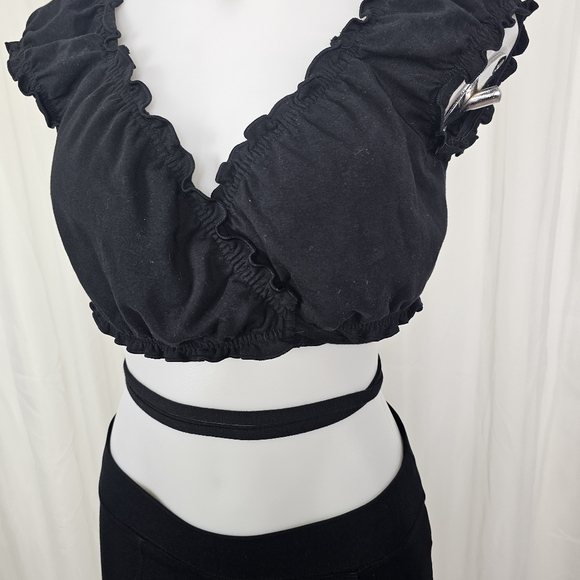 Garage Black Cotton Crop Wrap Top Tie Waist Baddie Vibes XL - Picture 2 of 9